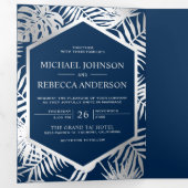 ネイビーブルーとシルバー箔トロピカルパーム結婚ズ 三つ折り招待状 (内部最初)