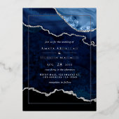 ネイビーブルーとシルバー結婚アゲートの箔招待状 箔招待状 (正面)