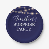 ネイビーブルーとストリングライトサプライズ誕生日 ペーパープレート (正面)