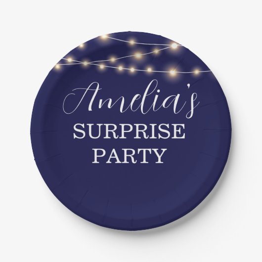 ネイビーブルーとストリングライトサプライズ誕生日 ペーパープレート (正面)