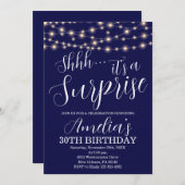 ネイビーブルーとストリングライトサプライズ誕生日 招待状 (正面/裏面)