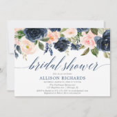 ネイビーブルーとソフトピンクの花のブライダルシャワー 招待状 (正面)