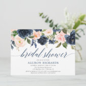 ネイビーブルーとソフトピンクの花のブライダルシャワー 招待状 (スタンド正面)