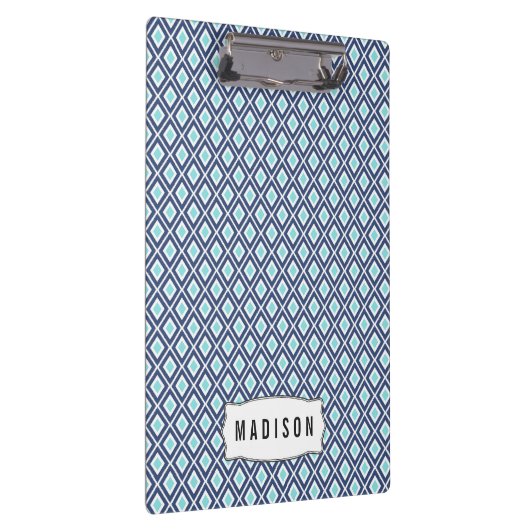 ネイビーブルーとターコイズイカットパターンモノグラム クリップボード (右)