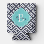 ネイビーブルーとターコイズギリシャ鍵モノグラム 缶クーラー (正面)