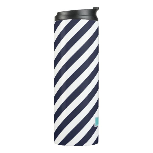 ネイビーブルーとターコイズ名門私立校風のストライプズモノグラム タンブラー (回転左)