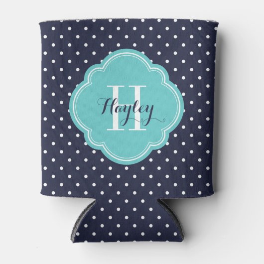 ネイビーブルーとターコイズ水玉模様モノグラム 缶クーラー (正面)