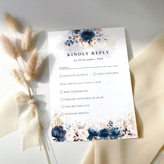 ネイビーブルーとダスティバラ結婚の式RSVP 出欠カード