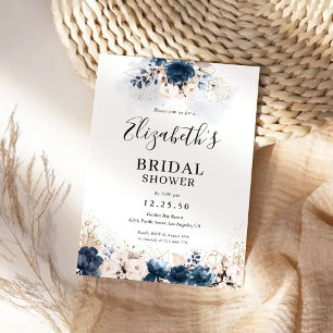 ネイビーブルーとダスティーローズの結婚前お茶会招待状 招待状