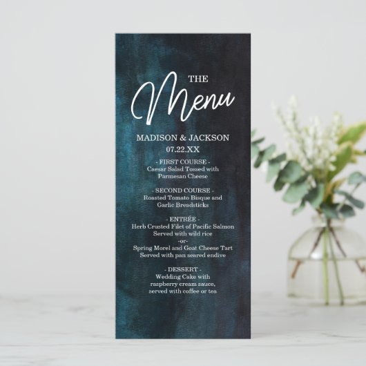 ネイビーブルーとティール（緑がかった色）の水彩白結婚のメニュー メニュー (スタンド正面)