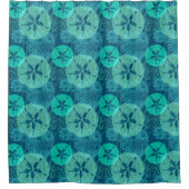 ネイビーブルーとティール(緑がかった色)ビーチシーシェルサンドドル シャワーカーテン (正面)