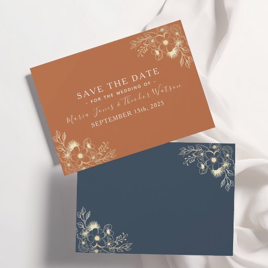 ネイビーブルーとテラコッタの結婚式Save The Date セーブザデート