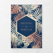 ネイビーブルーとバラゴールドフォイルトロピカルパーム結婚ズ 三つ折り招待状 (カバー)