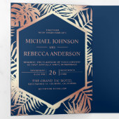 ネイビーブルーとバラゴールドフォイルトロピカルパーム結婚ズ 三つ折り招待状 (内部最初)