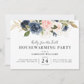 ネイビーブルーとバラ色の花の新築祝いパーティー 招待状 (正面)