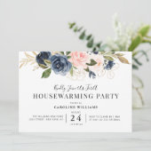 ネイビーブルーとバラ色の花の新築祝いパーティー 招待状 (スタンド正面)