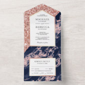 ネイビーブルーとバラ金ゴールドグリッターマーブル結婚ズ オールインワン招待状 (内側)