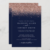 ネイビーブルーとバラ金ゴールドグリッター結婚式招待状 案内状 (正面/裏面)