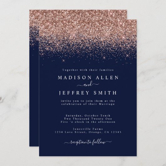ネイビーブルーとバラ金ゴールドグリッター結婚式招待状 案内状 (正面/裏面)