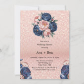 ネイビーブルーとバラ金ゴールドフローラウェディングシャワー 招待状 (正面)