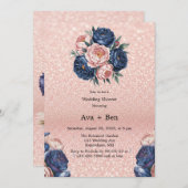 ネイビーブルーとバラ金ゴールドフローラウェディングシャワー 招待状 (正面/裏面)