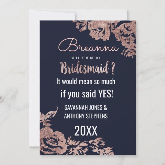 ネイビーブルーとバラ金ゴールドフローラブライドメイド 招待状 (正面)