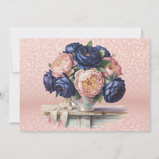 ネイビーブルーとバラ金ゴールドフローラリハーサルディナー 招待状 (裏面)