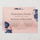 ネイビーブルーとバラ金ゴールドフローラリハーサルディナー 招待状 (正面/裏面)