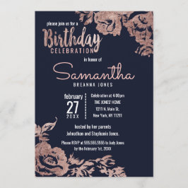 ネイビーブルーとバラ金ゴールドフローラ誕生日パーティー 招待状