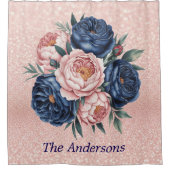 ネイビーブルーとバラ金ゴールドフローラ シャワーカーテン (正面)