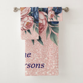 ネイビーブルーとバラ金ゴールドフローラ バスタオルセット