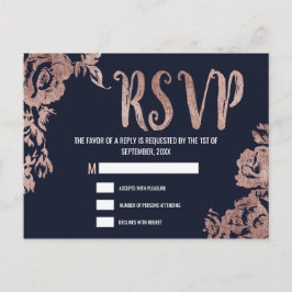 ネイビーブルーとバラ金ゴールドフローラRSVP インビテーションポストカード