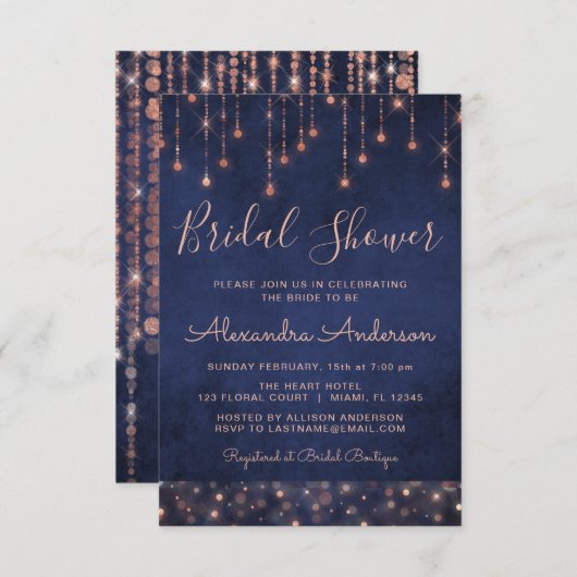 ネイビーブルーとバラ金ゴールドブライダルシャワー 招待状 (正面/裏面)