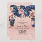 ネイビーブルーとバラ金ゴールド結婚フローラお祝い 招待状 (正面/裏面)