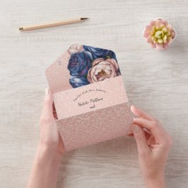 ネイビーブルーとバラ金ゴールド結婚フローラ オールインワン招待状