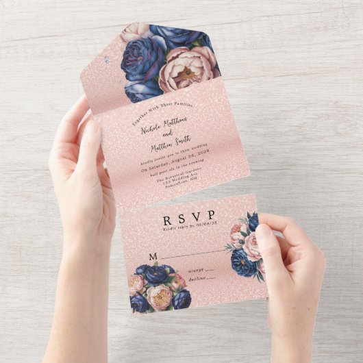 ネイビーブルーとバラ金ゴールド結婚フローラ オールインワン招待状 (貼ってはがせる)