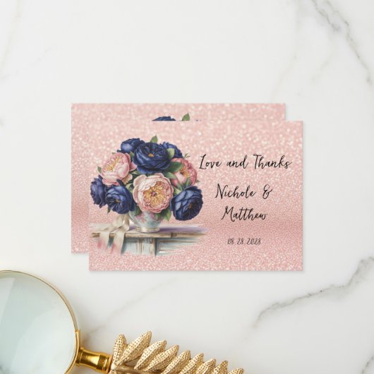 ネイビーブルーとバラ金ゴールド結婚フローラ サンキューカード (正面/裏面インサイチュ)