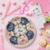 ネイビーブルーとバラ金ゴールド結婚フローラ ペーパープレート (パーティー)