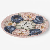 ネイビーブルーとバラ金ゴールド結婚フローラ ペーパープレート (アングル)