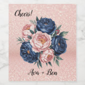 ネイビーブルーとバラ金ゴールド結婚フローラ ワインラベル (シングルラベル)