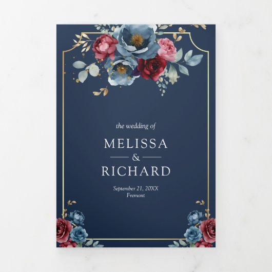 ネイビーブルーとバーガンディの花柄アンパサンドの結婚式 三つ折り招待状 (カバー)