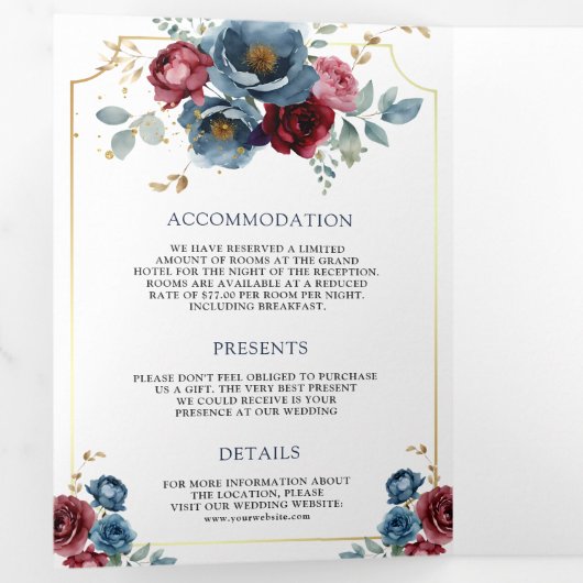 ネイビーブルーとバーガンディの花柄アンパサンドの結婚式 三つ折り招待状 (内部最初)