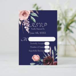 ネイビーブルーとバーガンディーのフラワーモチーフの結婚式RSVPカード 出欠カード