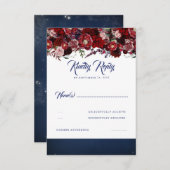 ネイビーブルーとバーガンディーレッドウェディングRSVP 出欠カード (正面/裏面)