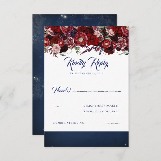 ネイビーブルーとバーガンディーレッドウェディングRSVP 出欠カード (正面/裏面)