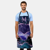 ネイビーブルーとパープルのグリッター海ゲート エプロン (着用した状態)