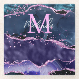 ネイビーブルーとパープルのグリッター海ゲート ガラスコースター