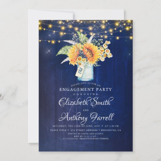 ネイビーブルーとヒマワリ素朴婚約パーティ 招待状 (正面)