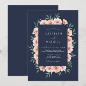ネイビーブルーとピオニーロマンスの結婚式 招待状 (正面/裏面)