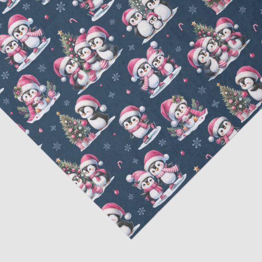 ネイビーブルーとピンクかわいいペンギンのパターンのクリスマス 薄葉紙 (詳細)